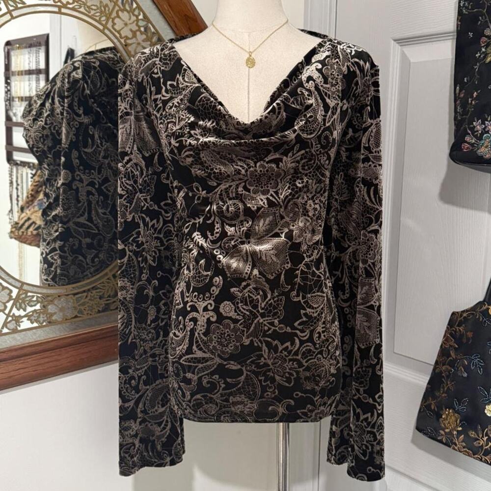 VTG Y2K RL Richard Dark Brown & Gold Glitter Floral Flare Sleeve Cowl Neck Top